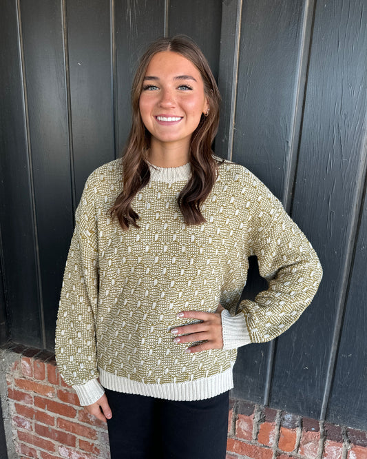 Olive Two-tone Texture Weave Sweater Pullover