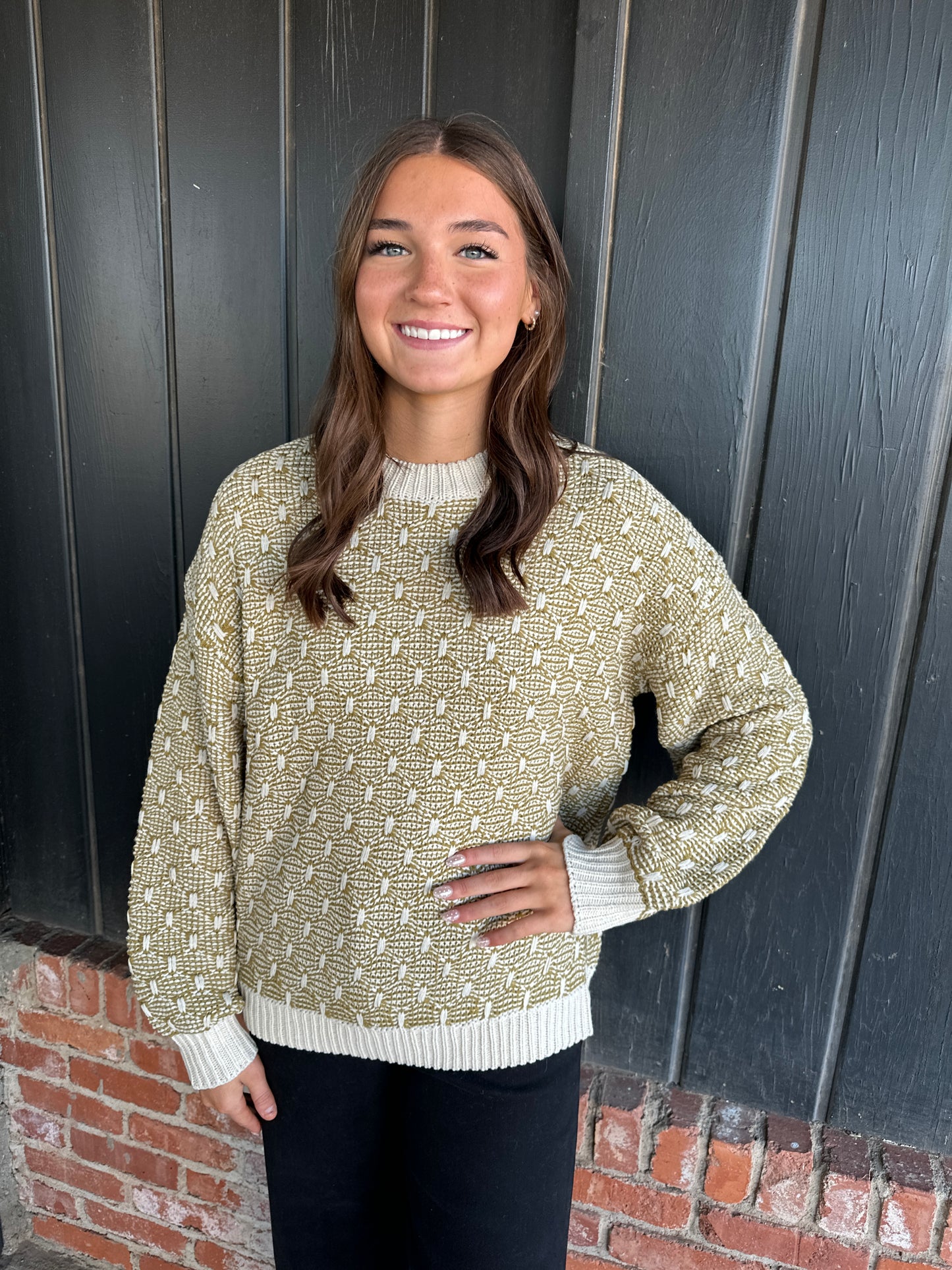Olive Two-tone Texture Weave Sweater Pullover