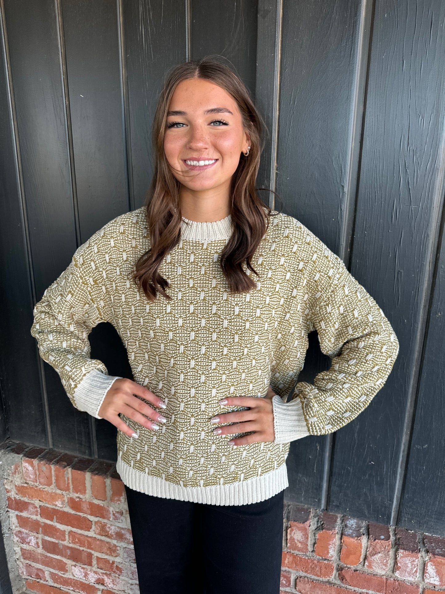 Olive Two-tone Texture Weave Sweater Pullover