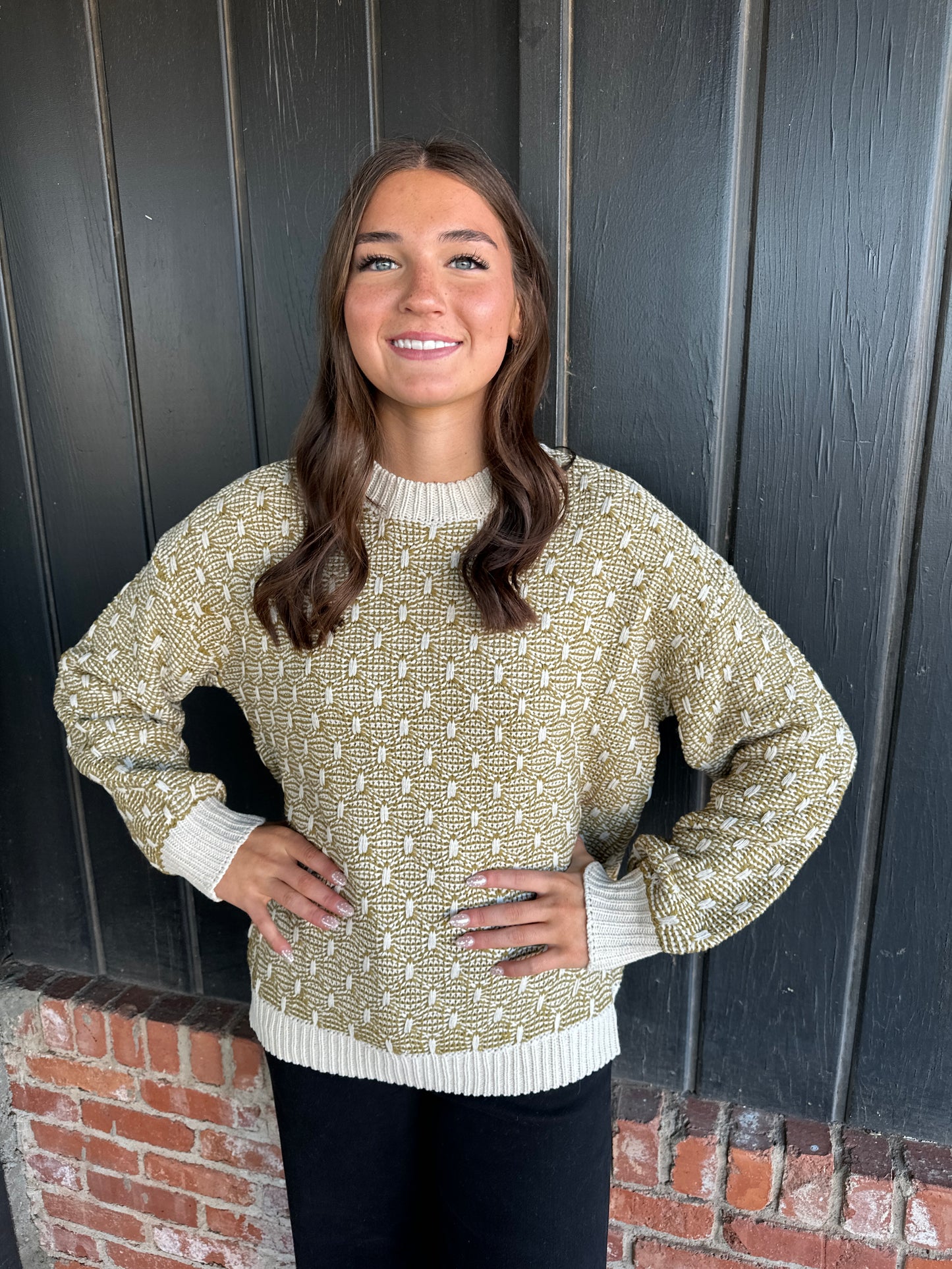 Olive Two-tone Texture Weave Sweater Pullover