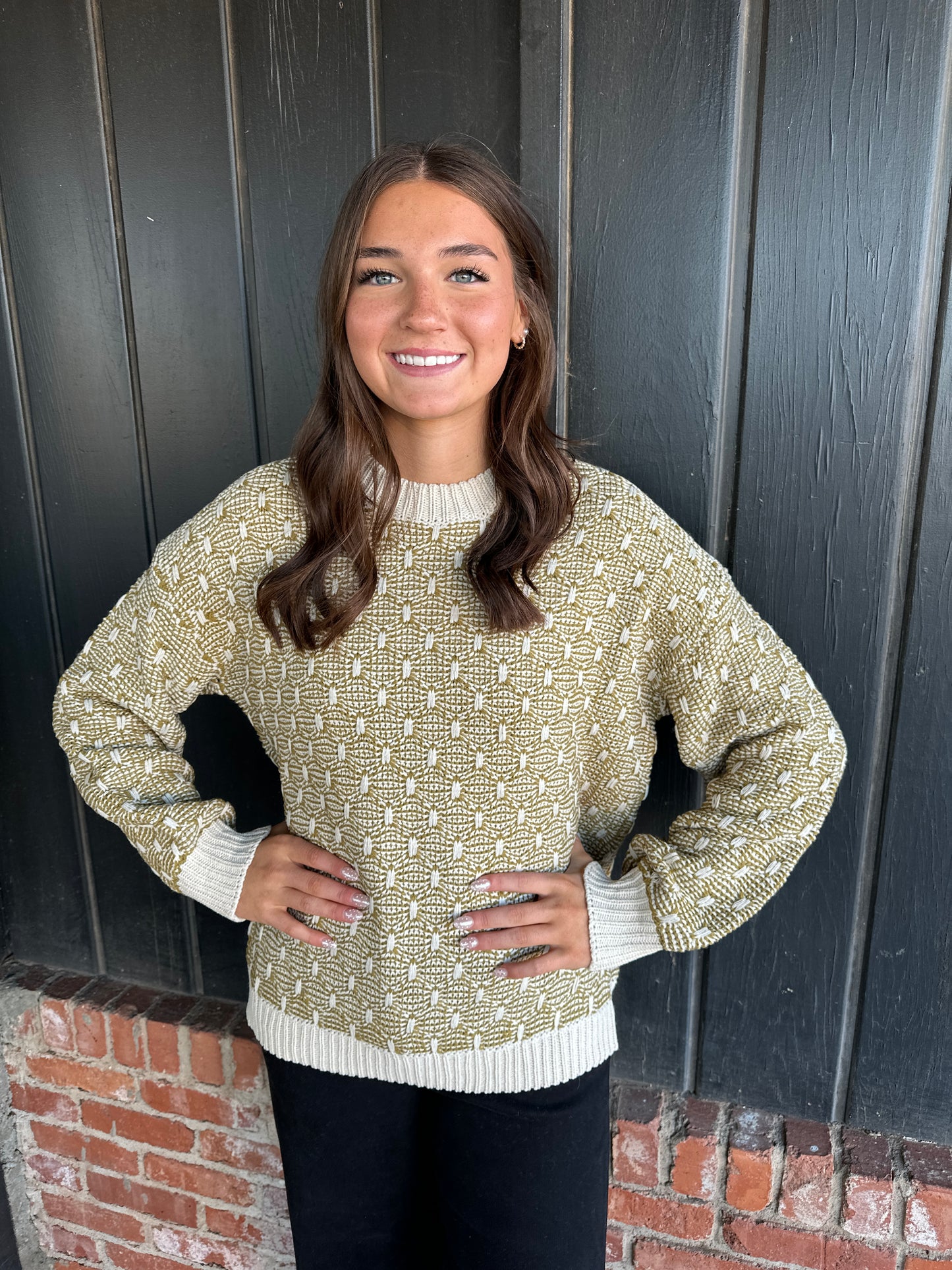 Olive Two-tone Texture Weave Sweater Pullover