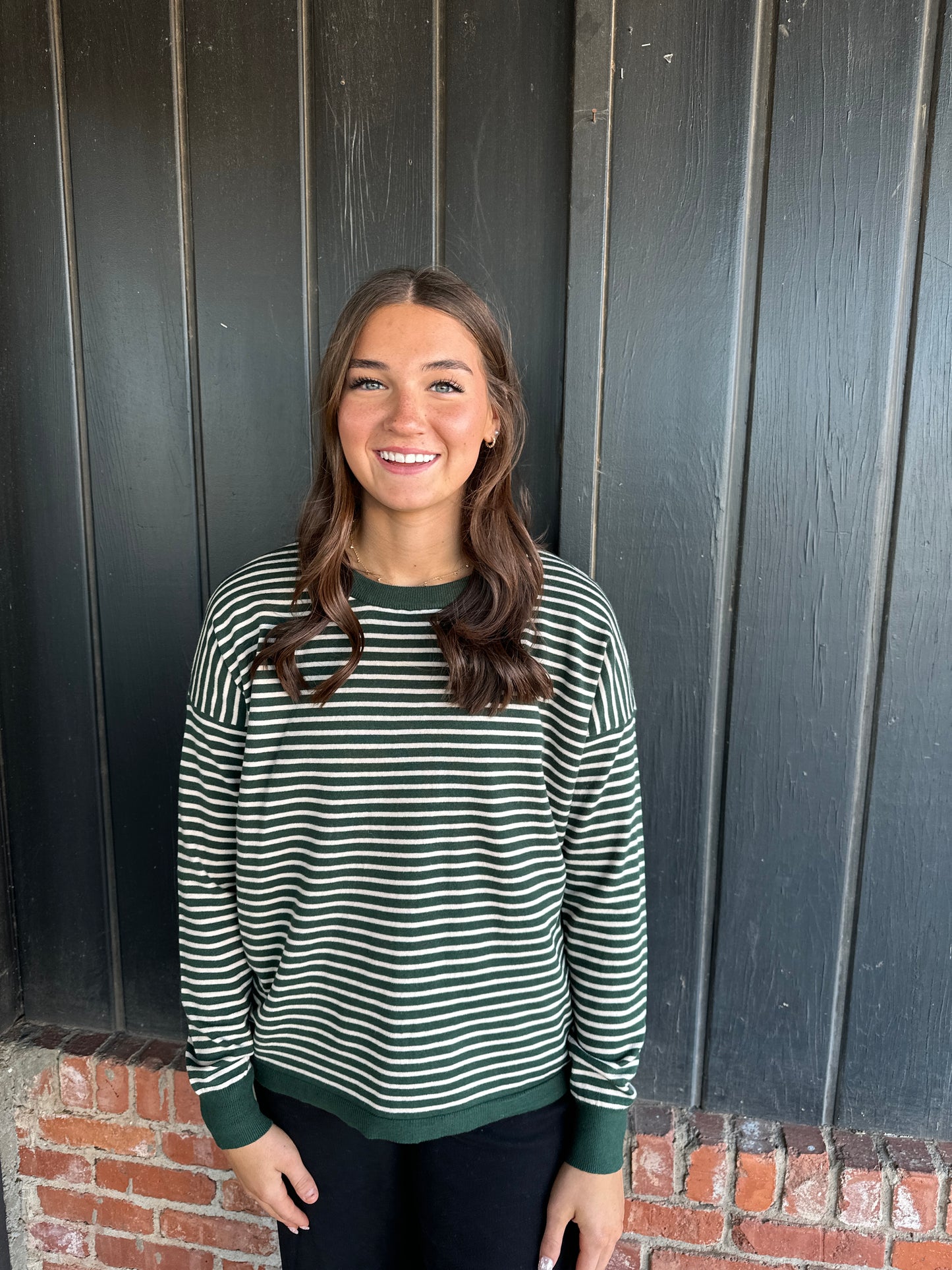 Hunter Green Loose Fit Striped Sweater