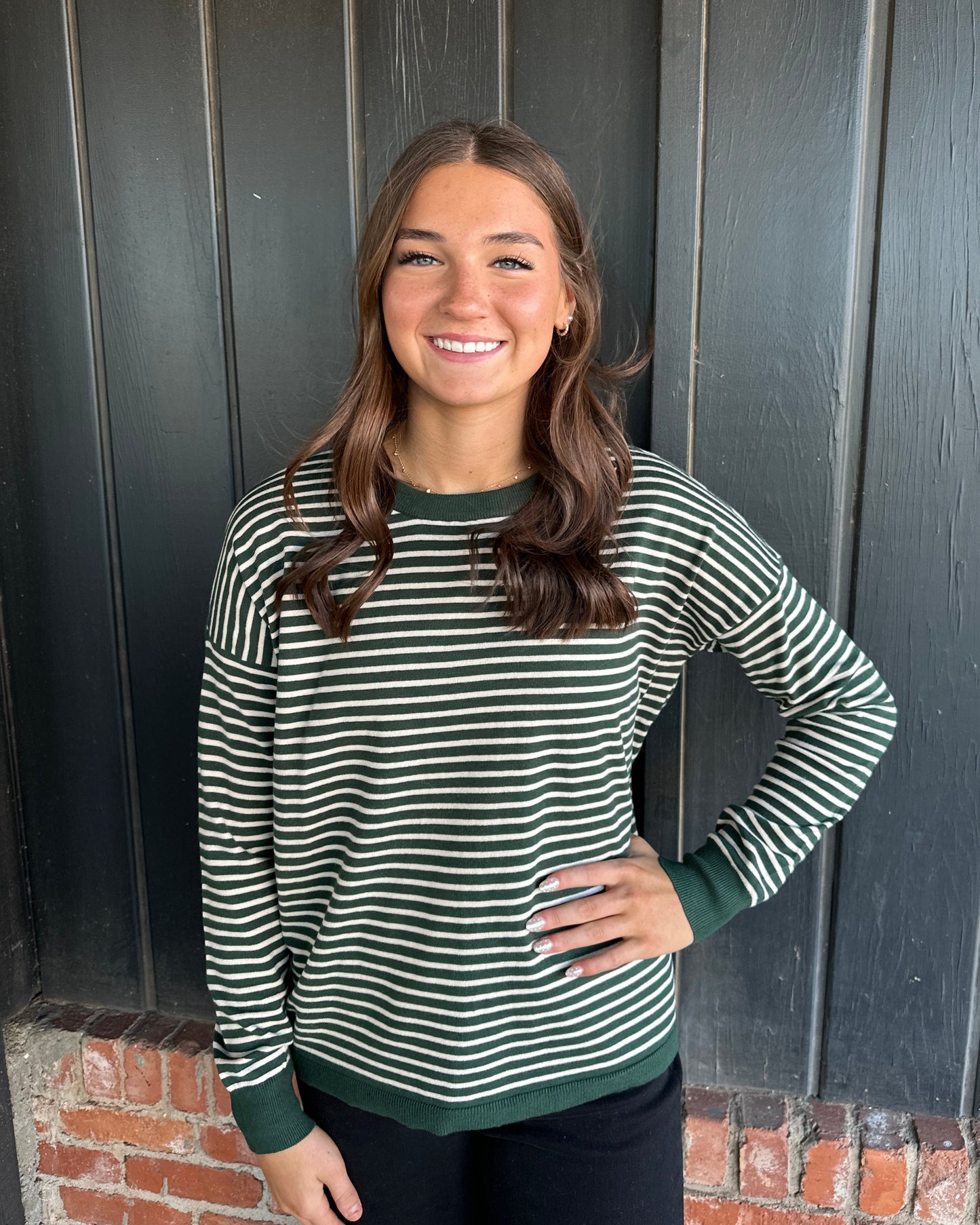 Hunter Green Loose Fit Striped Sweater