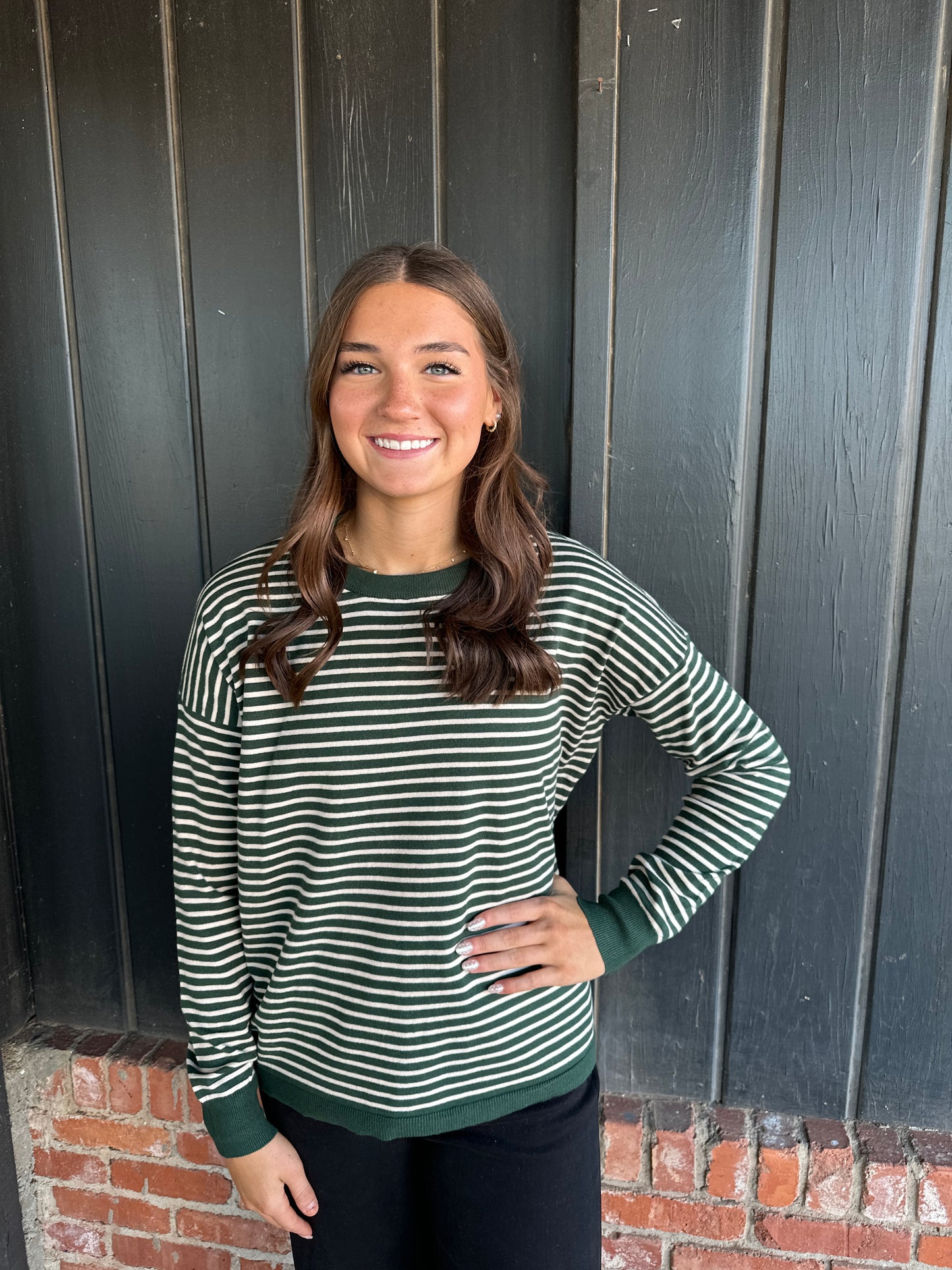 Hunter Green Loose Fit Striped Sweater