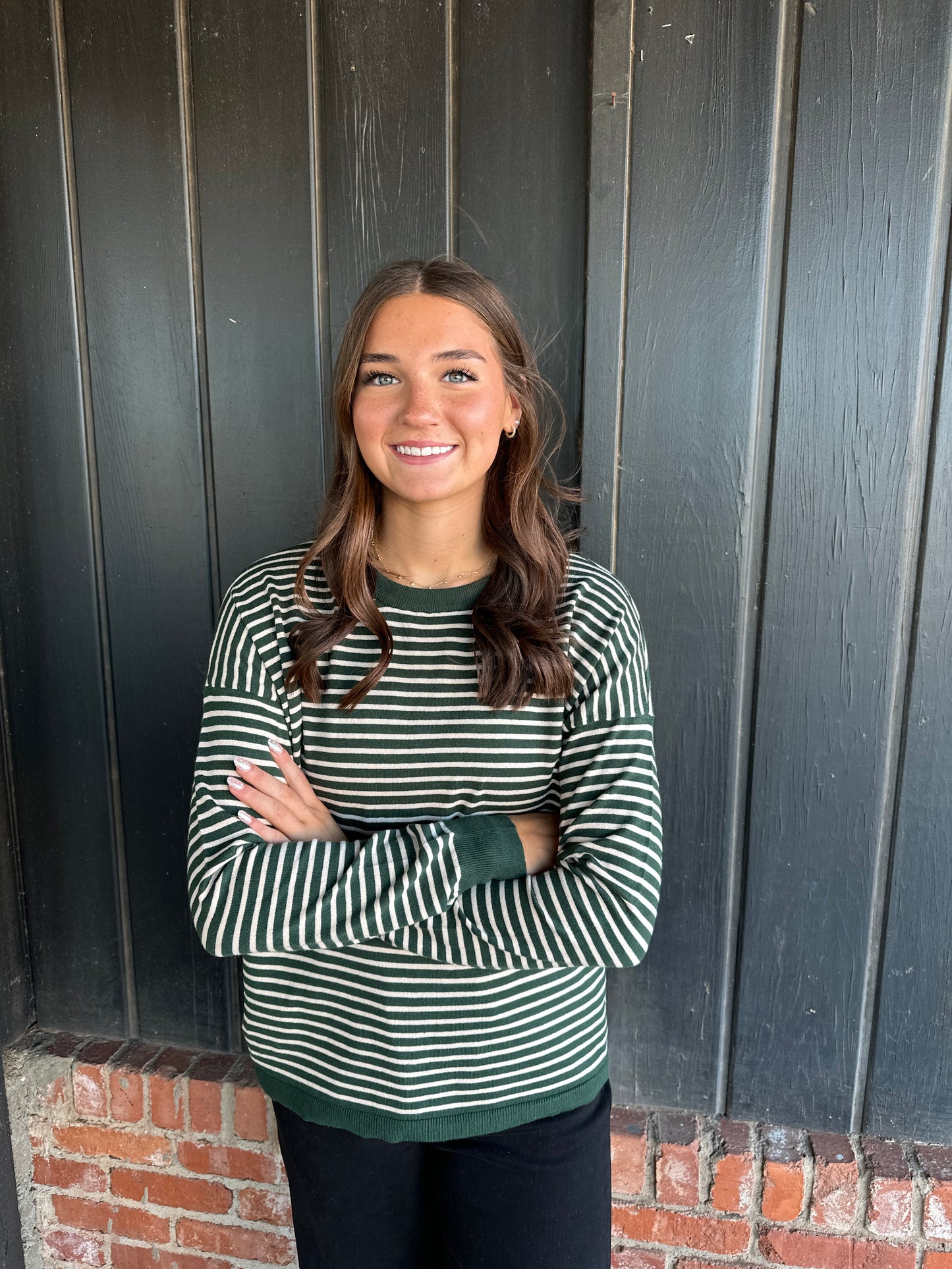 Hunter Green Loose Fit Striped Sweater