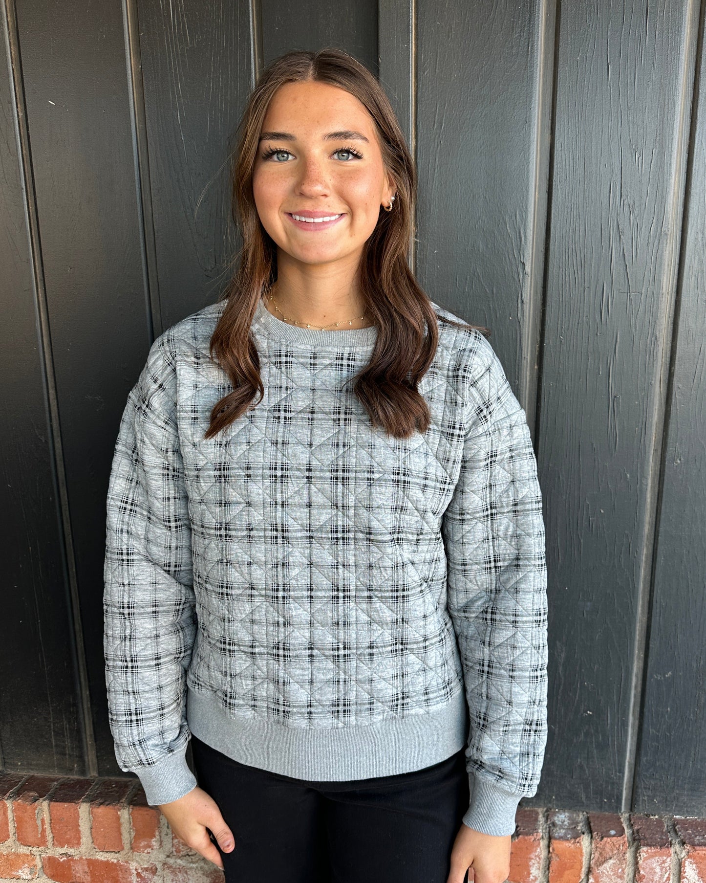 Gray and Black plaid quilted crewneck
