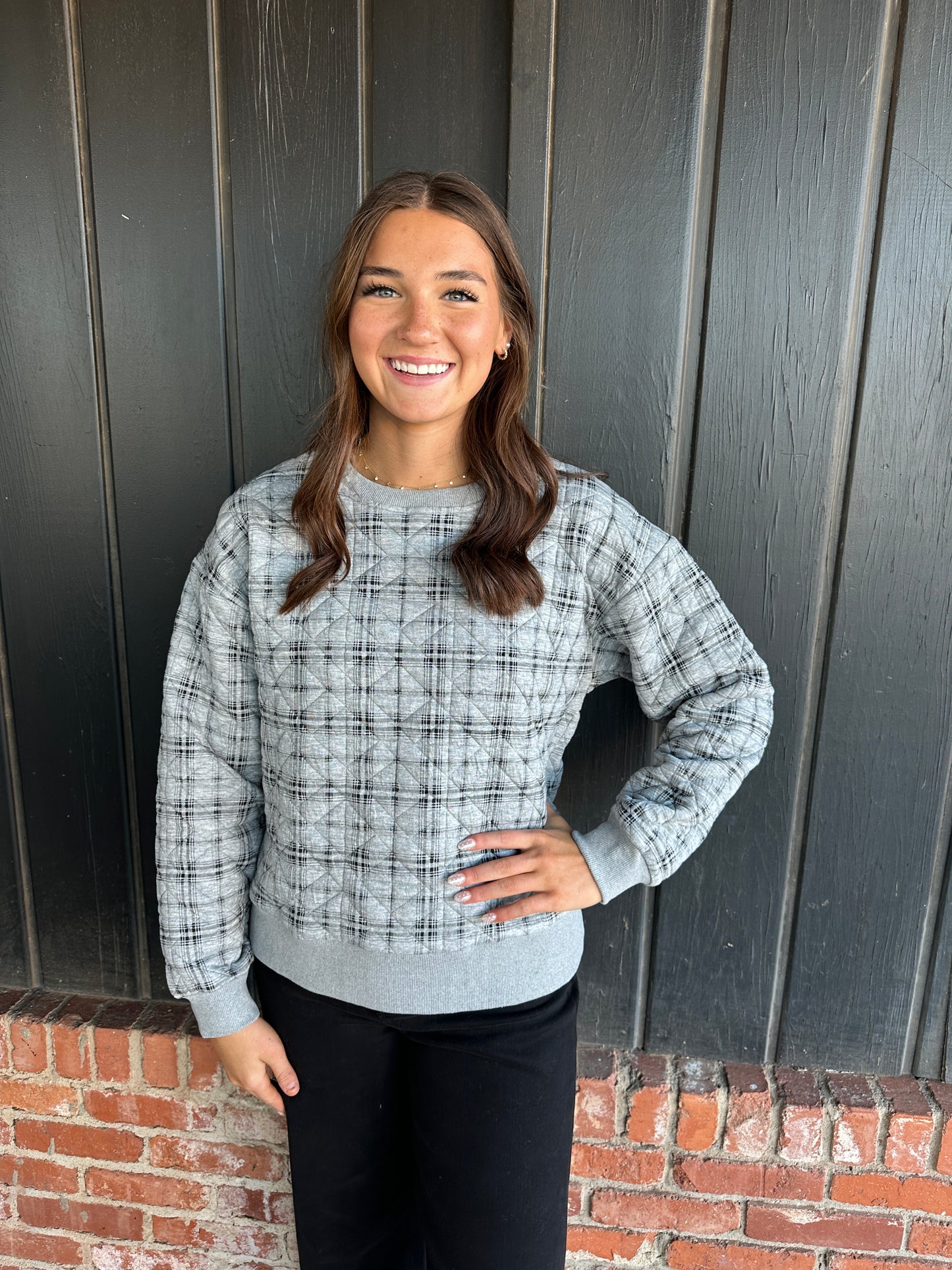 Gray and Black plaid quilted crewneck