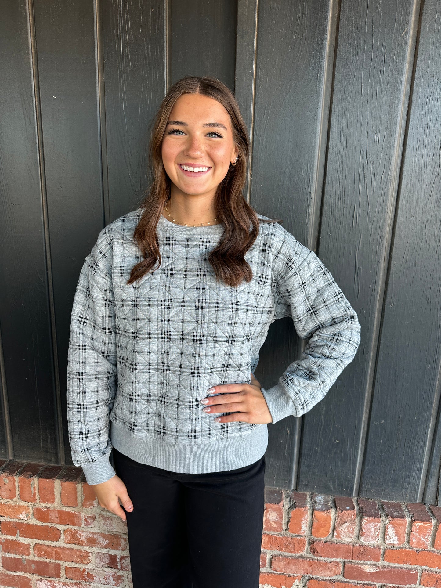 Gray and Black plaid quilted crewneck