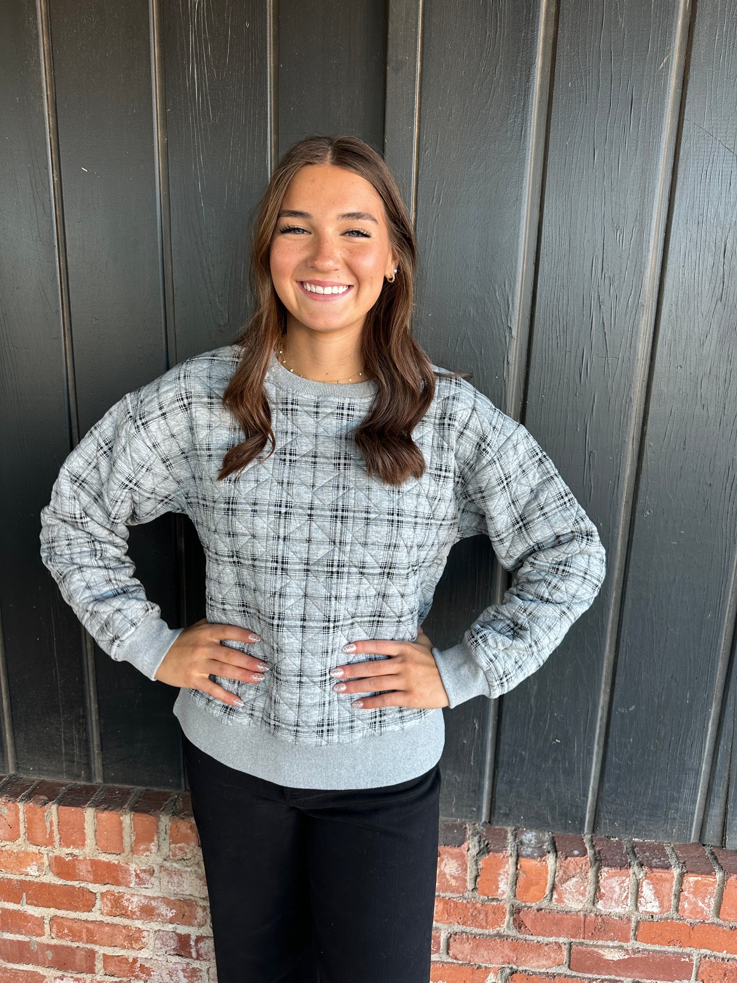 Gray and Black plaid quilted crewneck