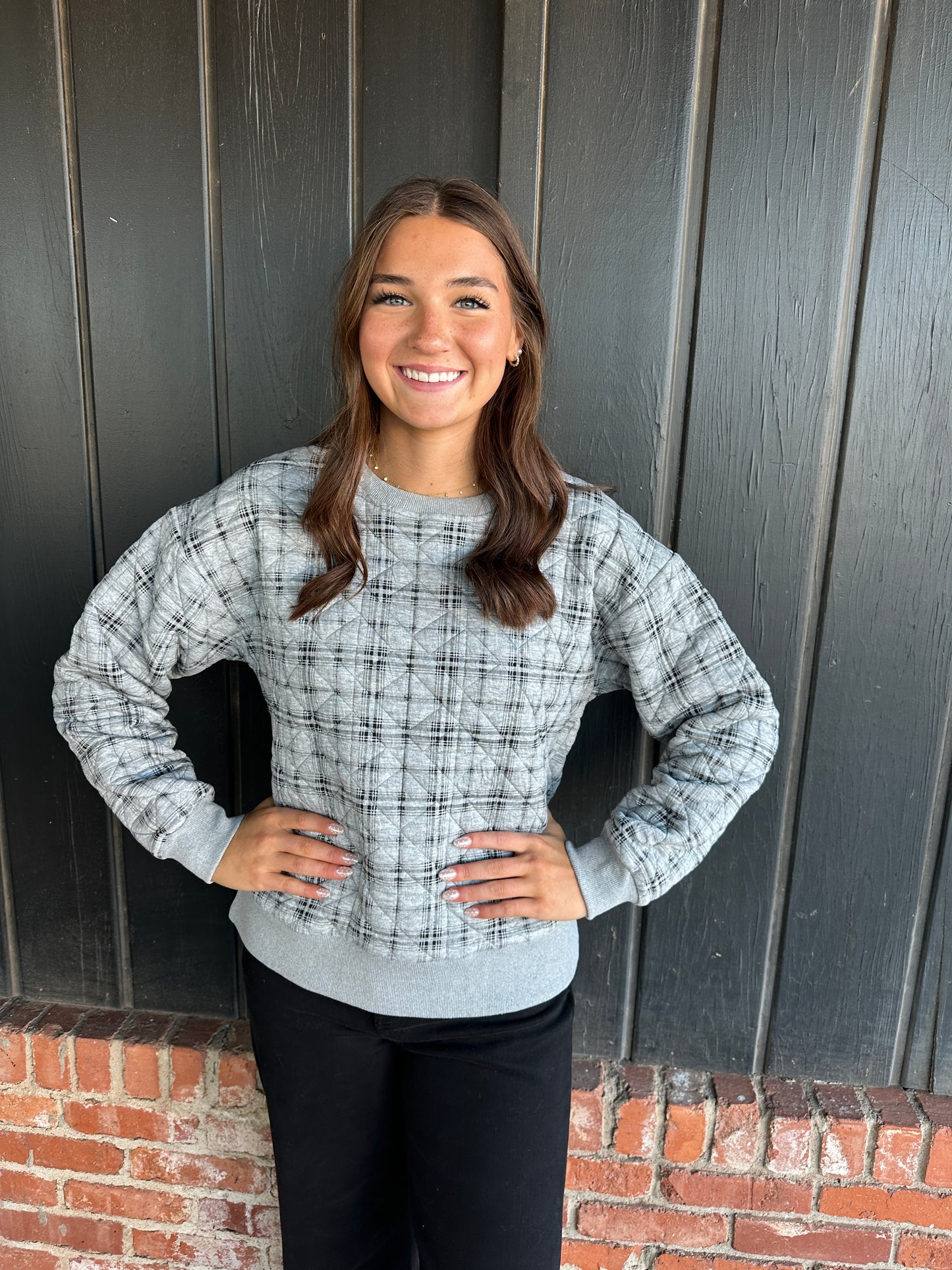 Gray and Black plaid quilted crewneck