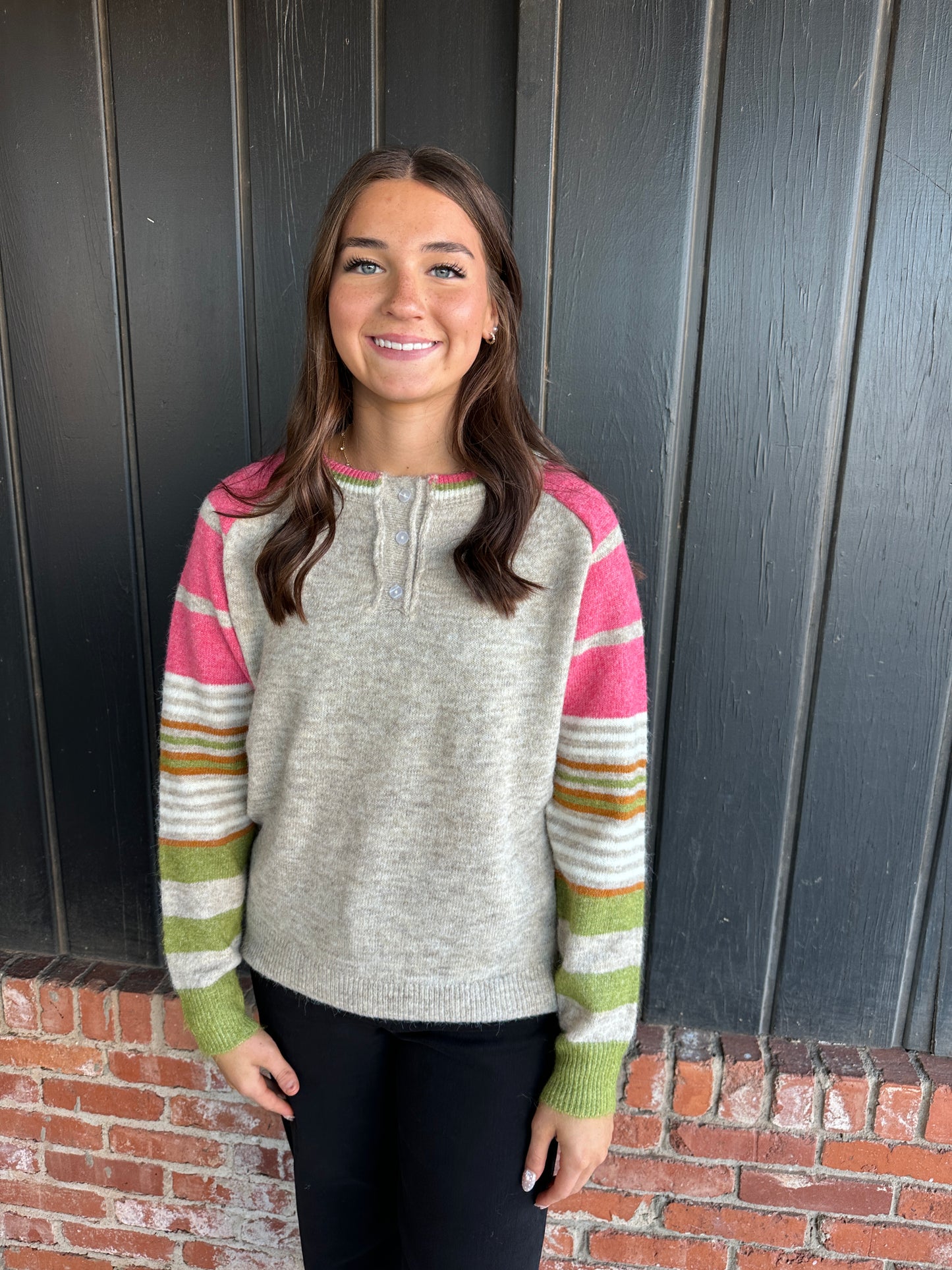Pink Multi Color Striped Sleeve Sweater