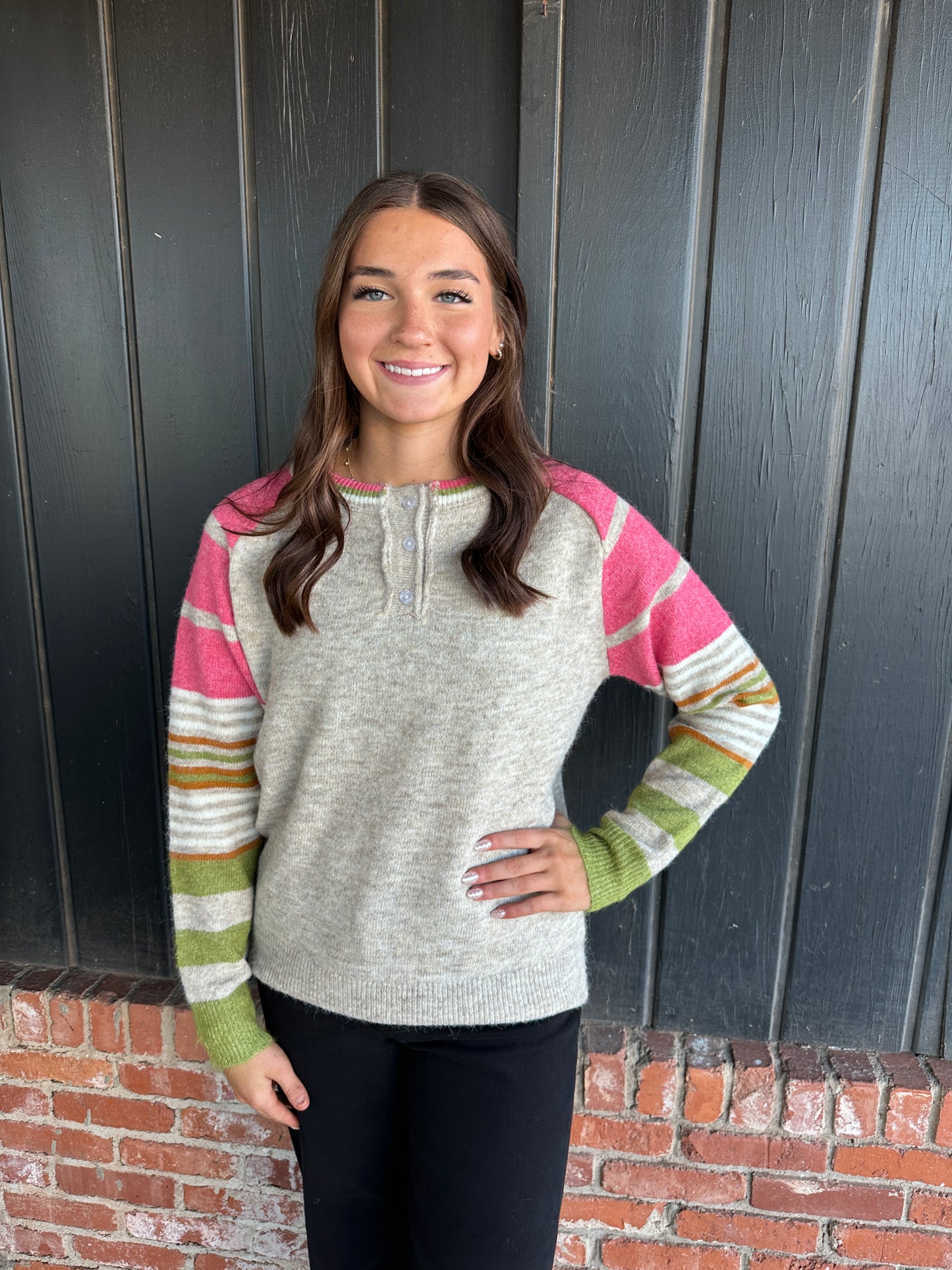 Pink Multi Color Striped Sleeve Sweater