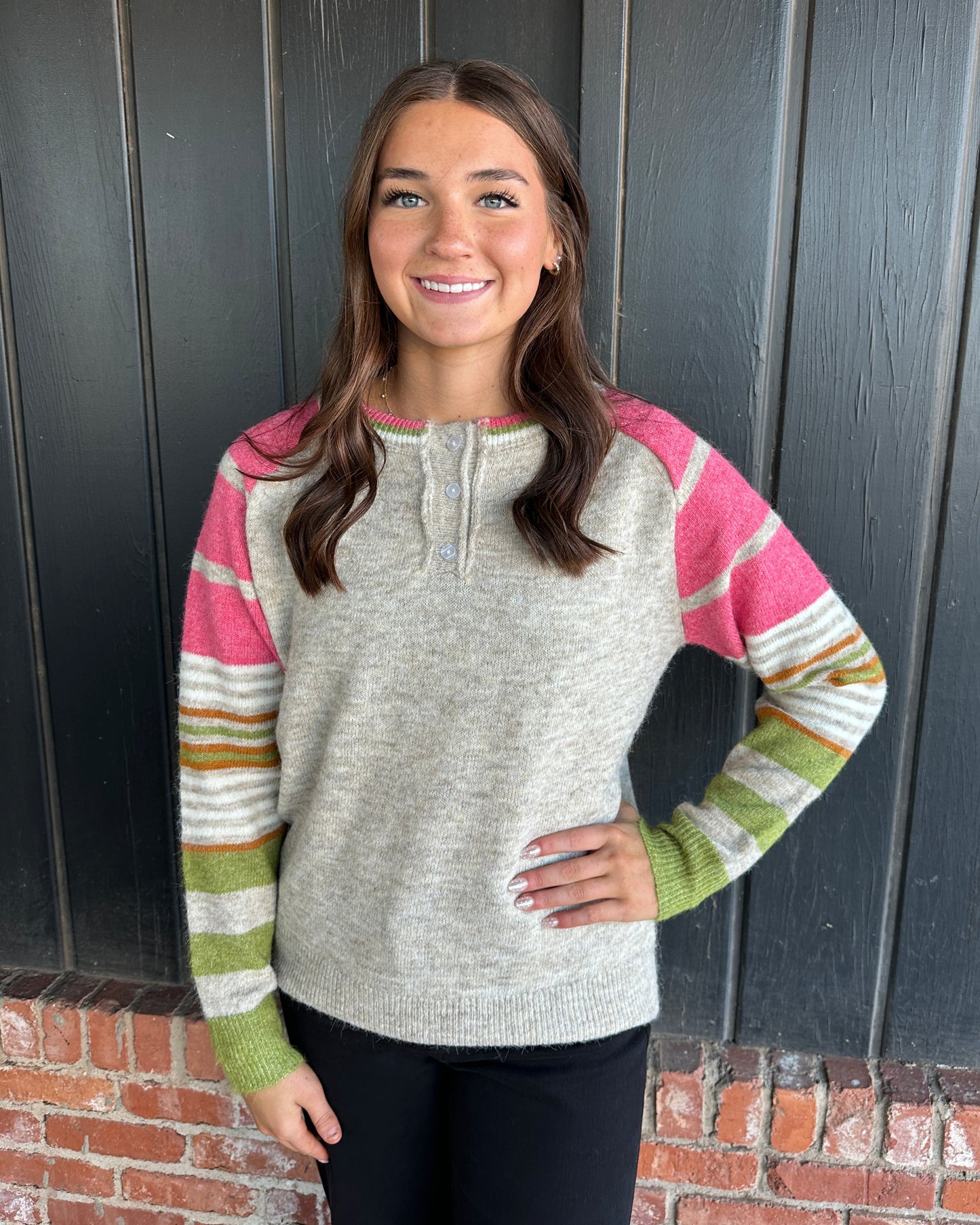 Pink Multi Color Striped Sleeve Sweater