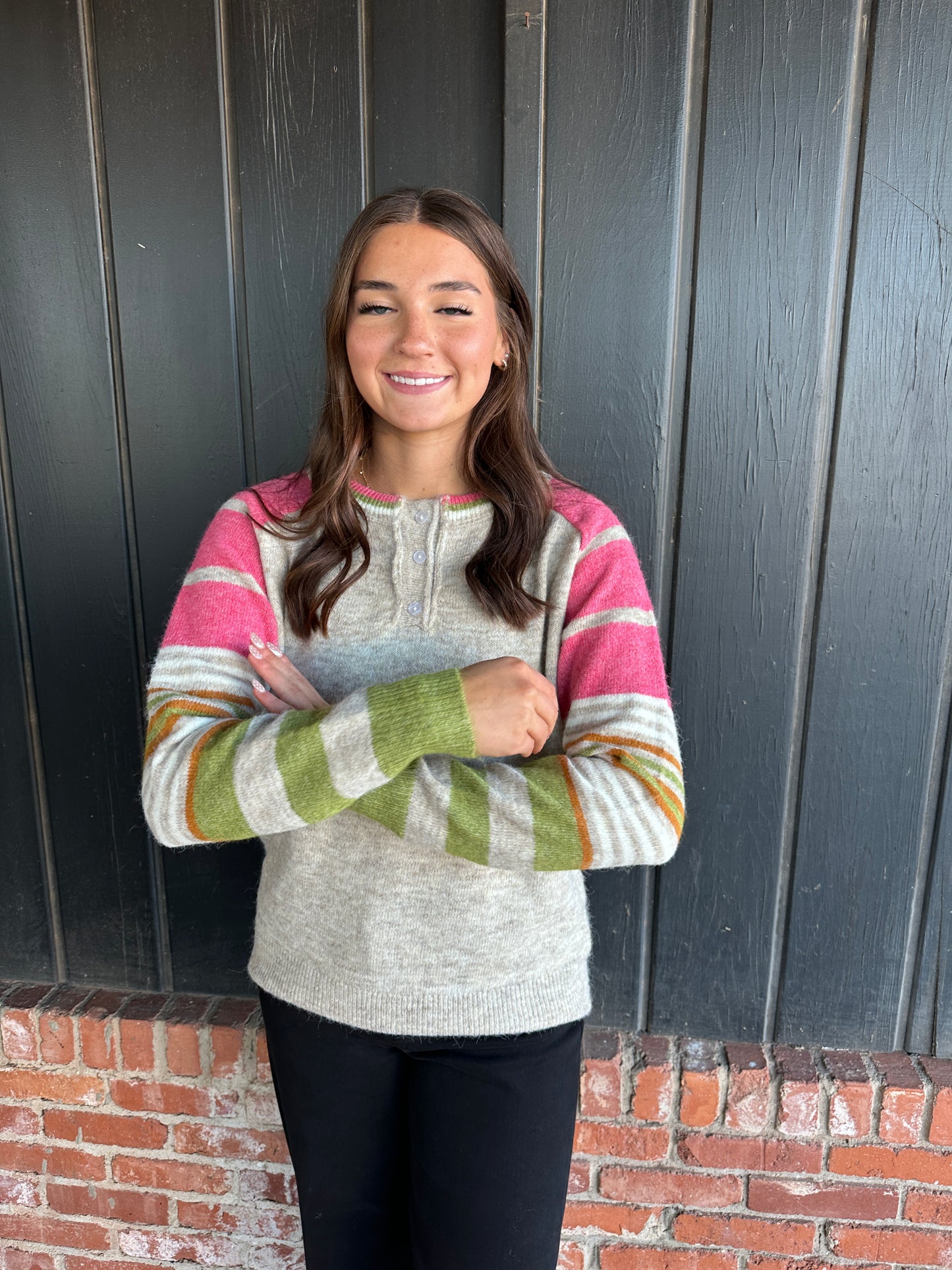 Pink Multi Color Striped Sleeve Sweater