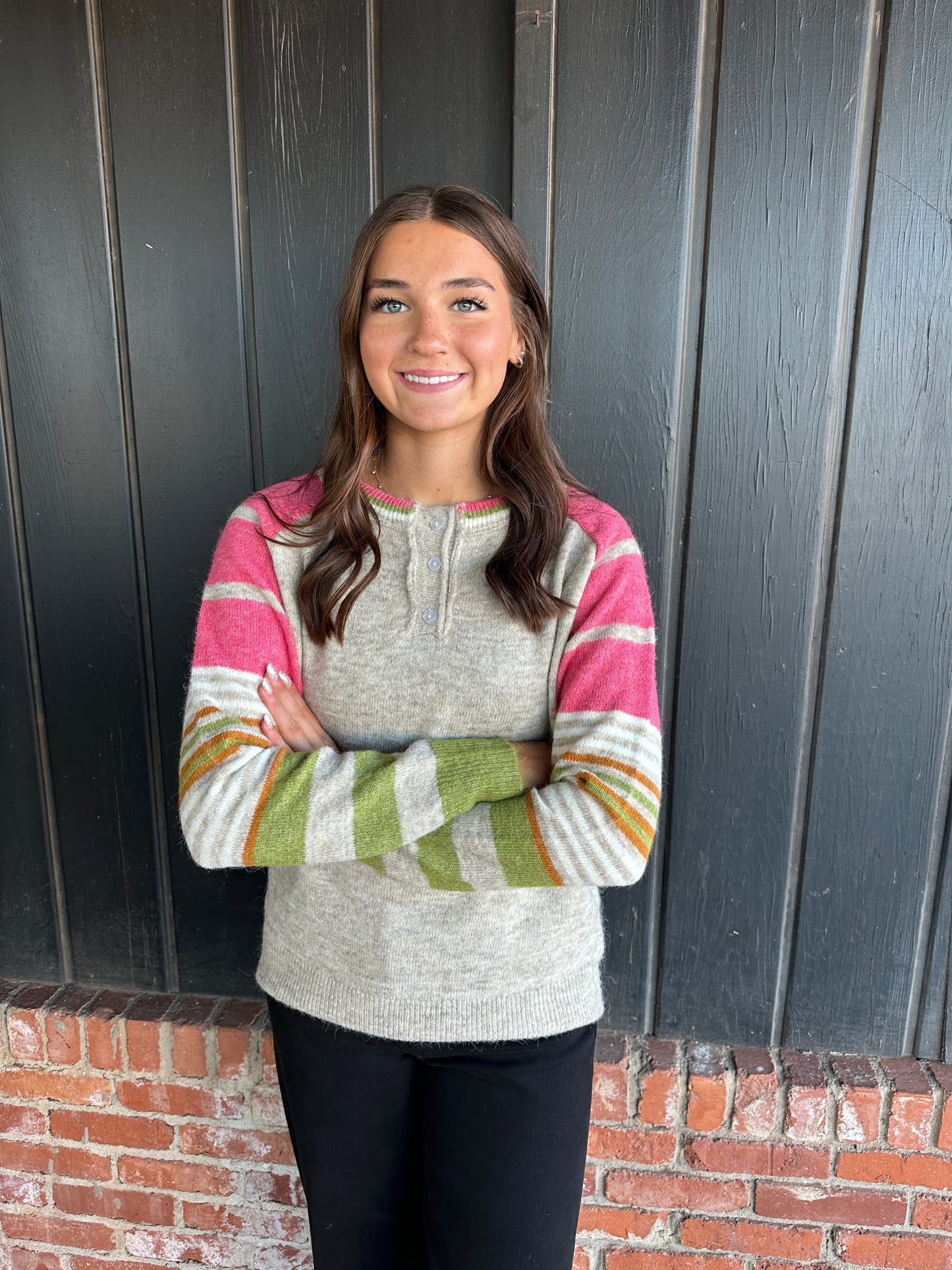 Pink Multi Color Striped Sleeve Sweater
