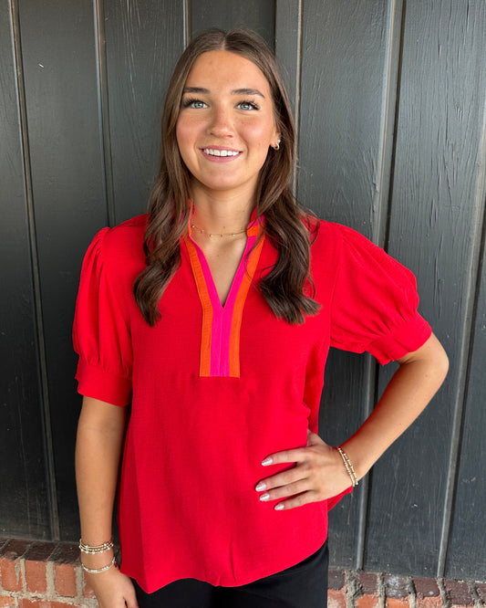 Red Short Sleeve Top with orange and pink