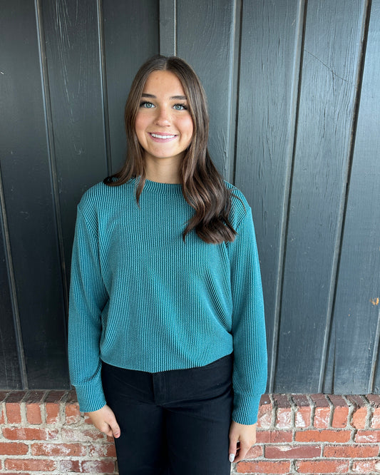 Teal raised rib round neck top
