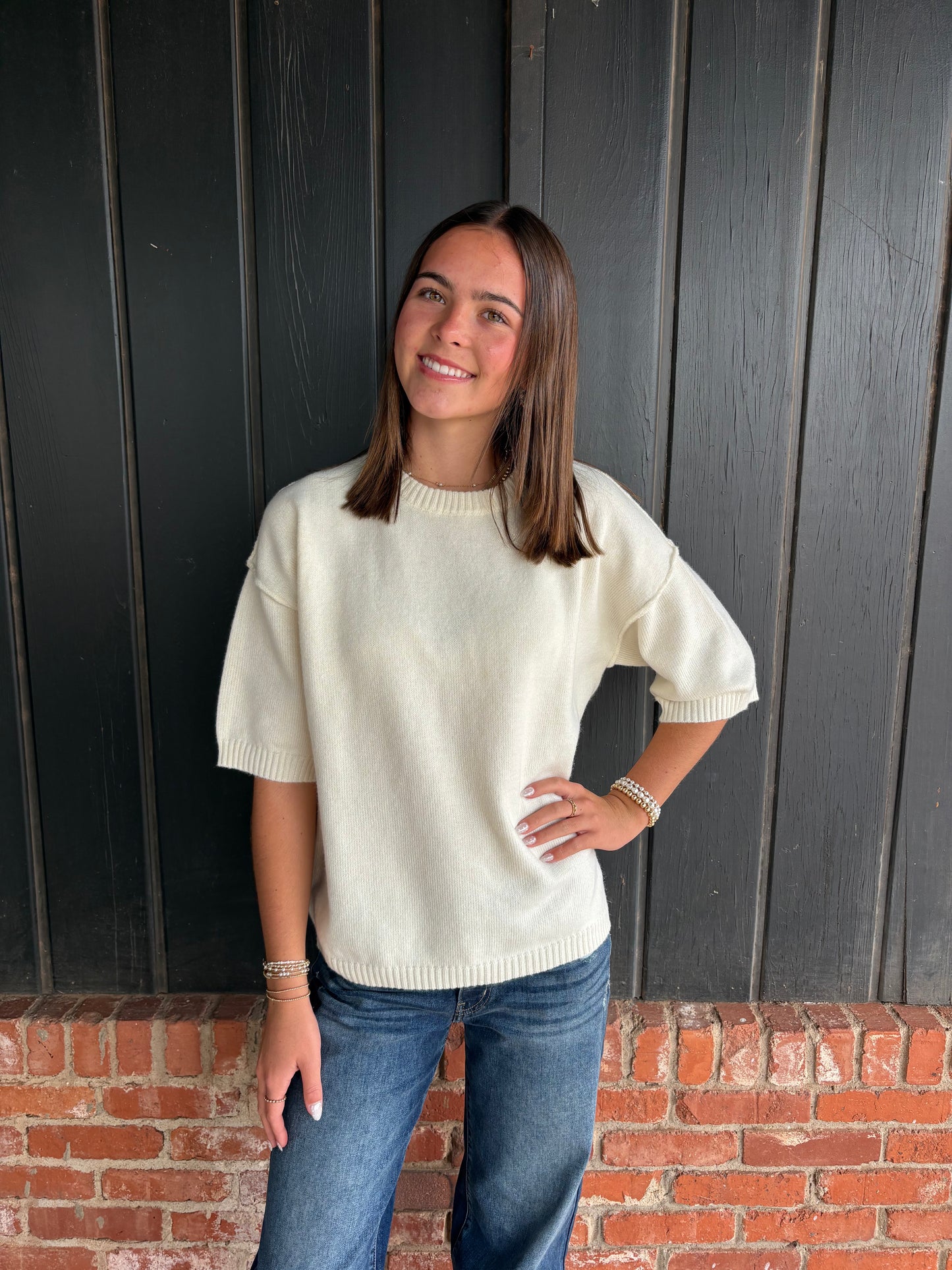 Ivory Elbow Sleeve Solid Sweater