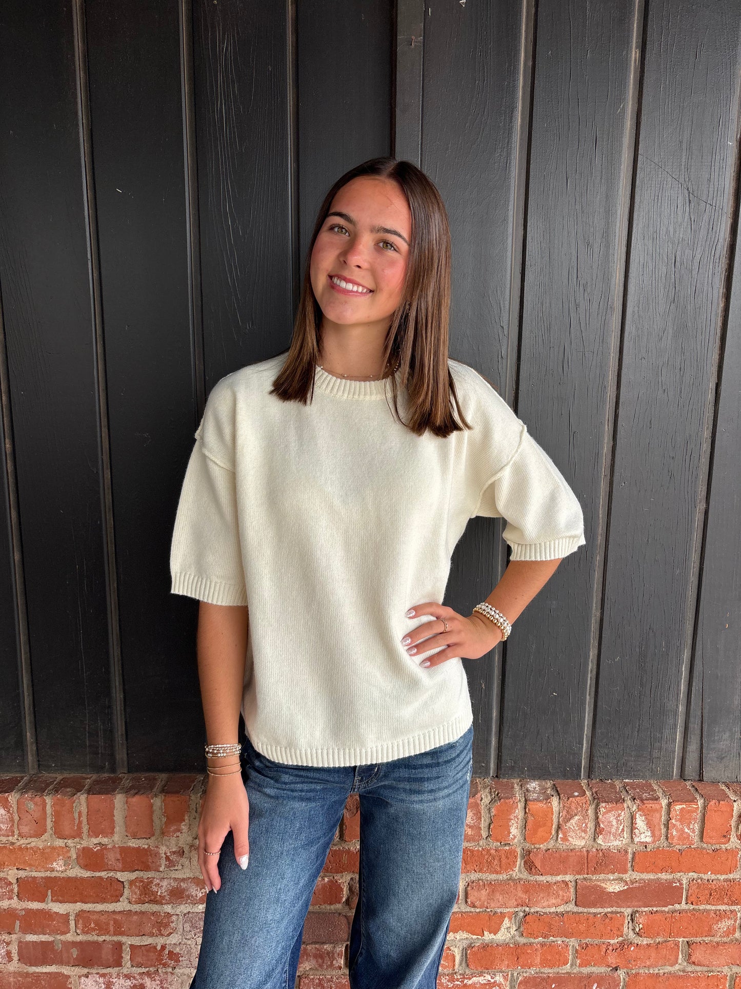 Ivory Elbow Sleeve Solid Sweater