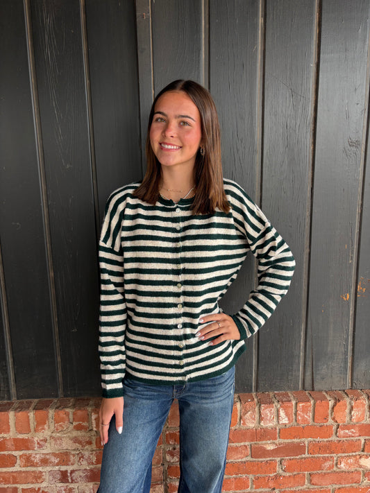 Forrest Green Striped Button Down Sweater Carigan