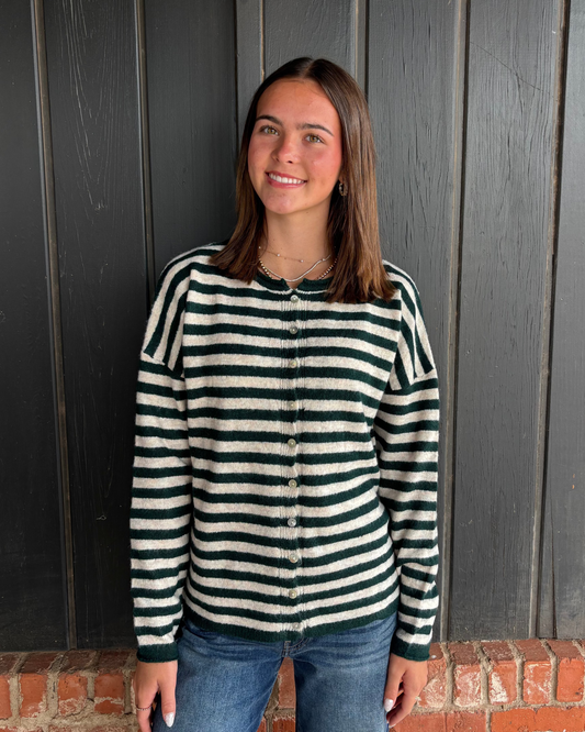 Forrest Green Striped Button Down Sweater Carigan