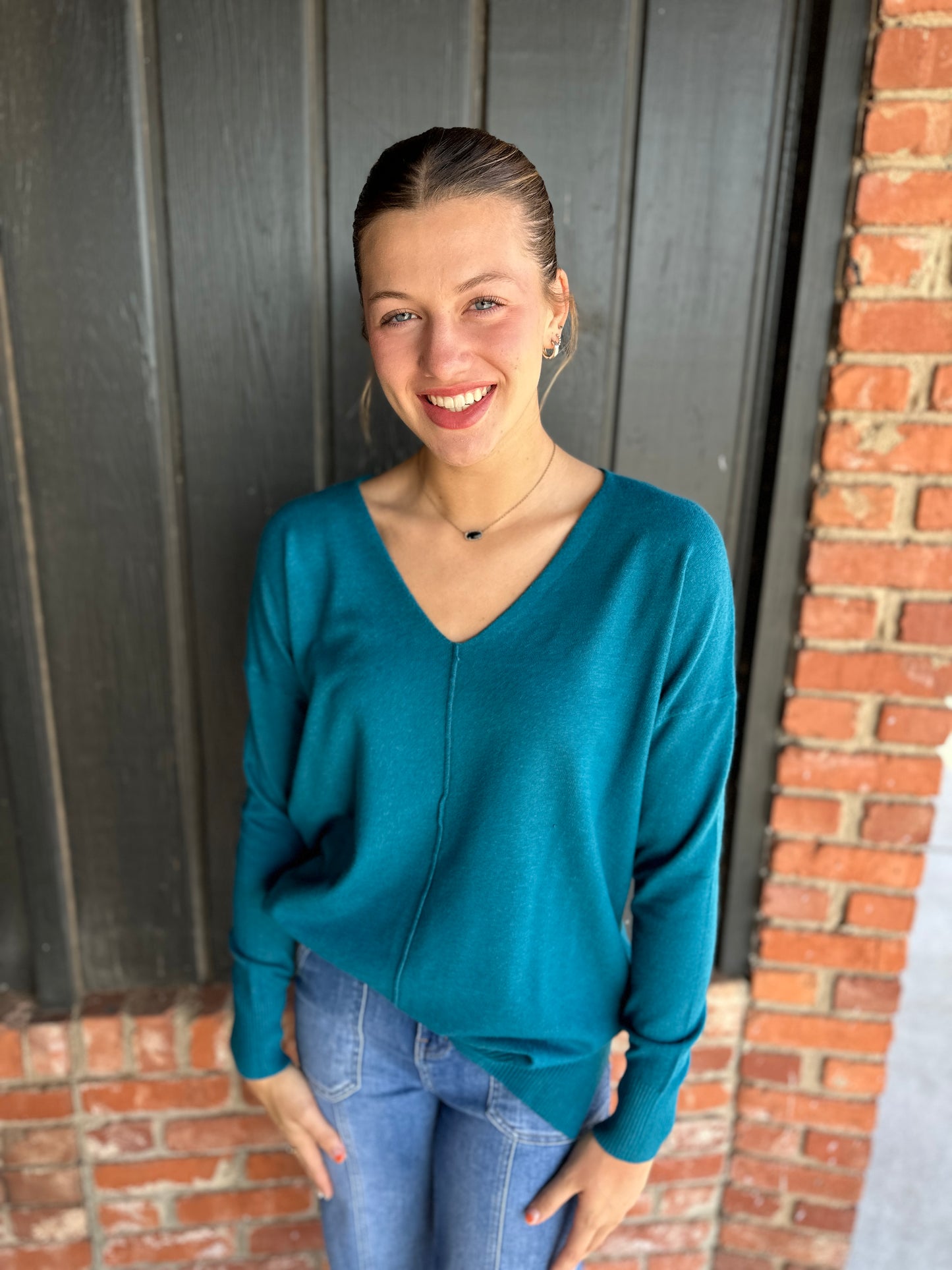 Teal front seam sweater