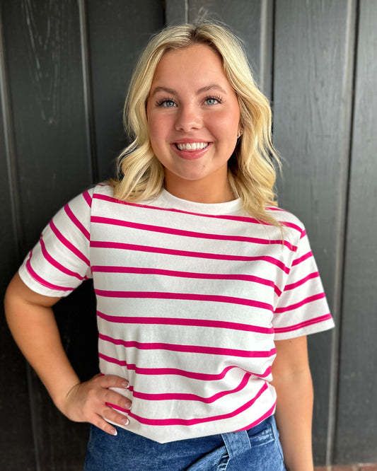 Fuchsia Crew Neck Short-Sleeve Stripe Print Cotton Knit Top