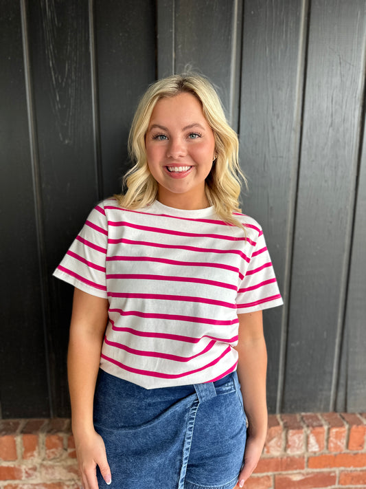 Fuchsia Crew Neck Short-Sleeve Stripe Print Cotton Knit Top