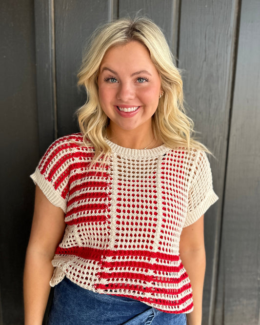 Red Multi Stripe Short Sleeve Sheer Crochet Knit Top