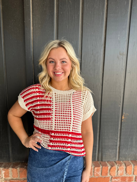 Red Multi Stripe Short Sleeve Sheer Crochet Knit Top