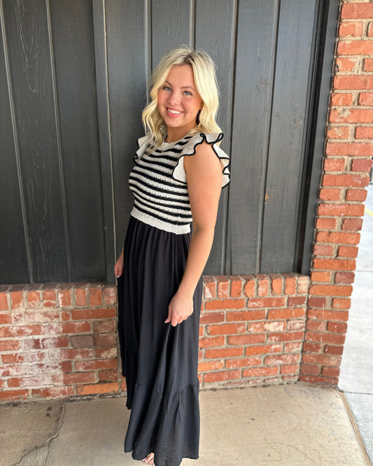 Black Stripe Sweater Top Mixed Media Midi Dress
