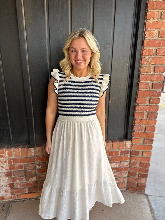 Navy Stripe Sweater Top Mixed Media Midi Dress