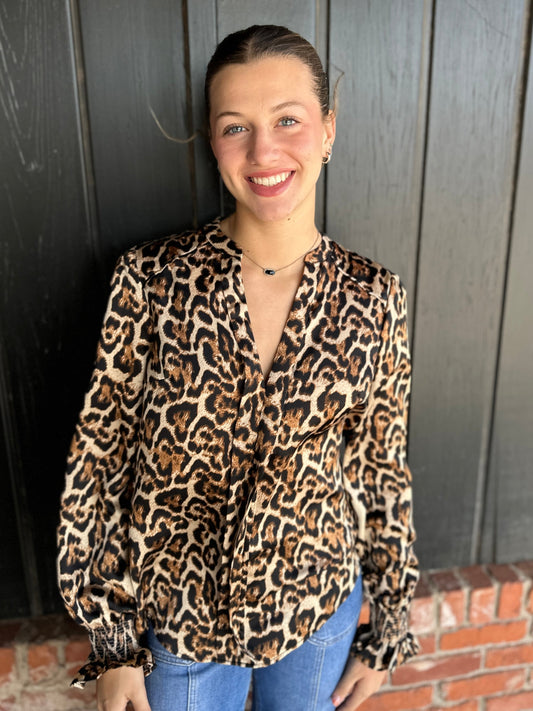 Henley Neckline Smocking Detail Leopard Print Blouse