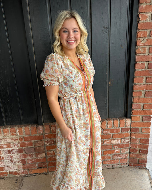 Border Print Tie V-Neck Maxi Dress