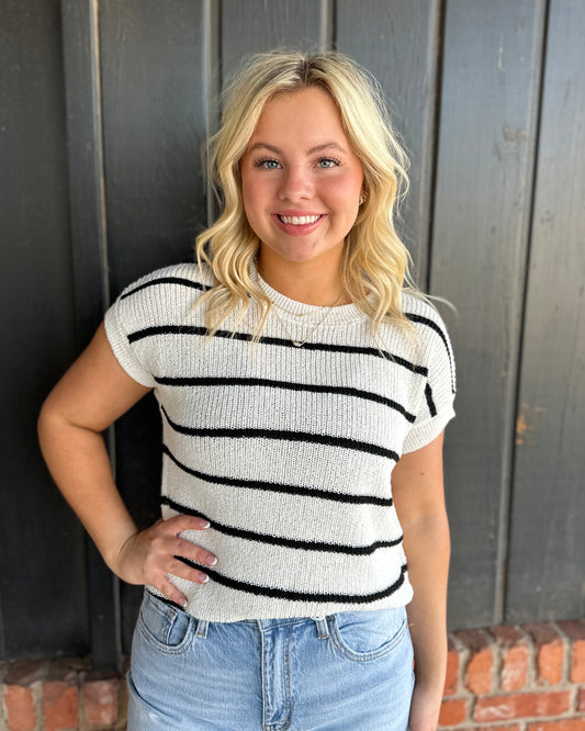 Black Stripe Extended Shoulder Short Sleeve Knit Sweater