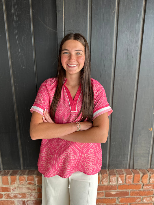 Pink Peony Geometric Print Top