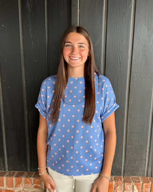 Blue with pink polka dot ribbed top