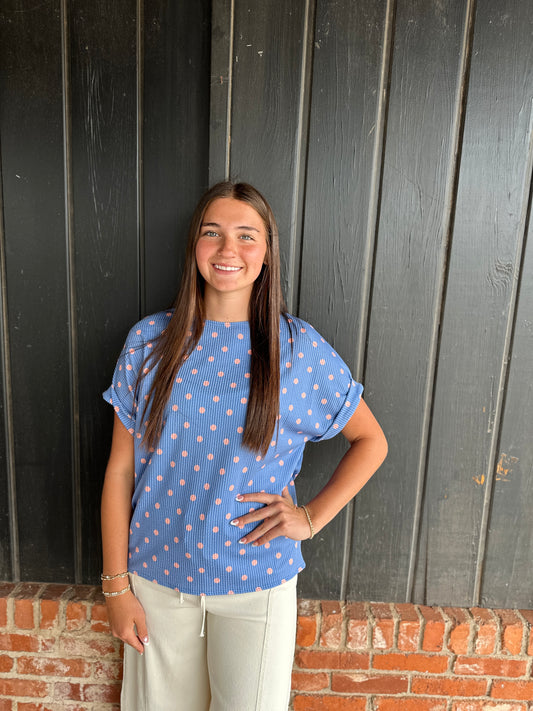 Blue with pink polka dot ribbed top