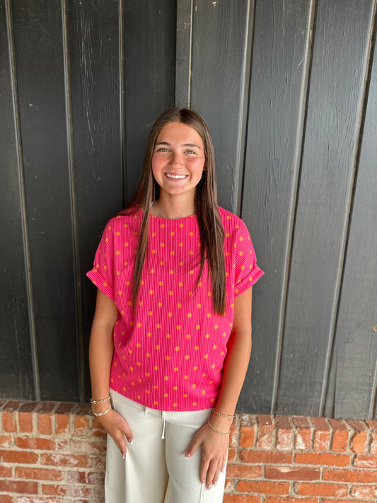 Pink and orange polka dot ribbed top