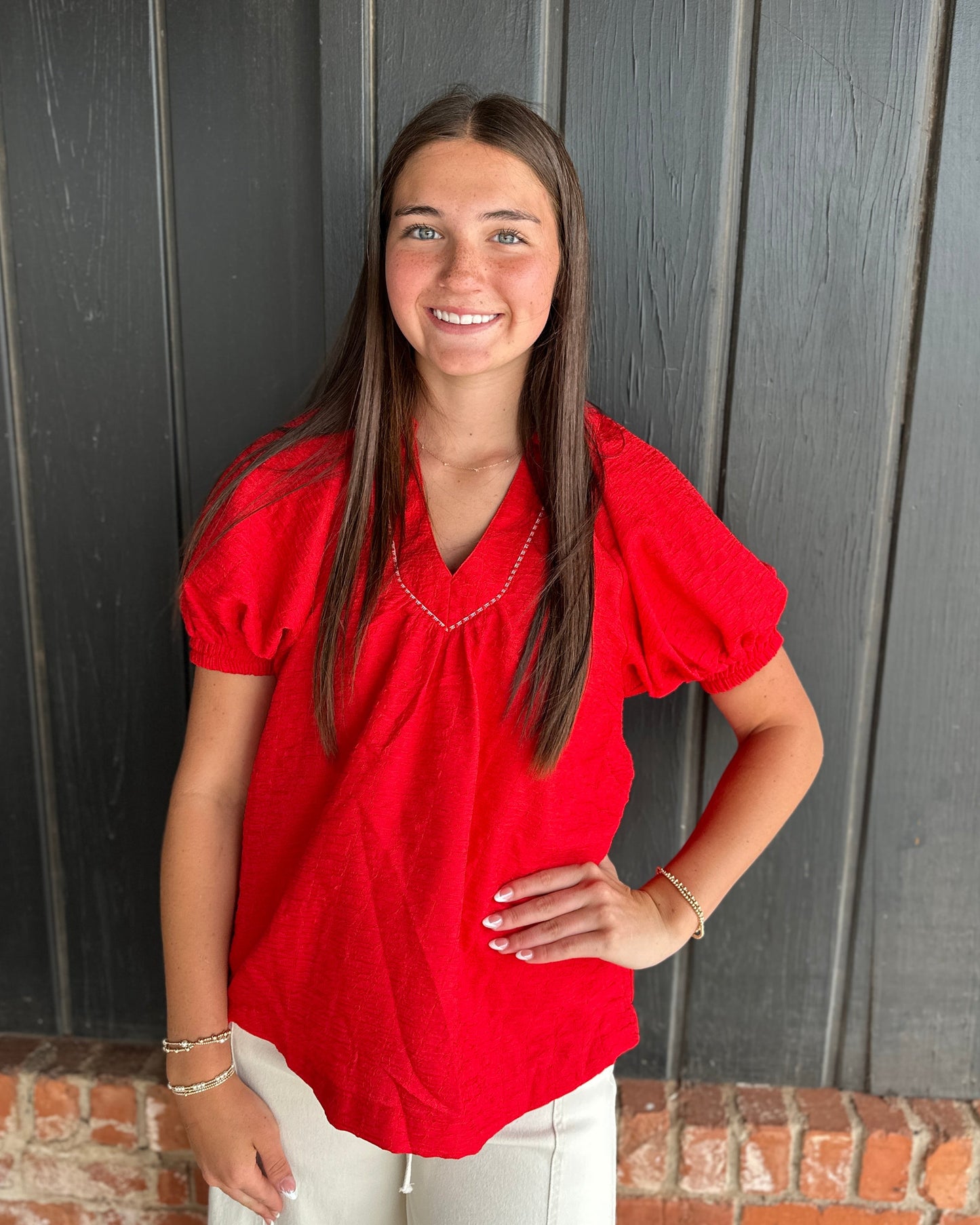 Red textured V neck Short sleeve top