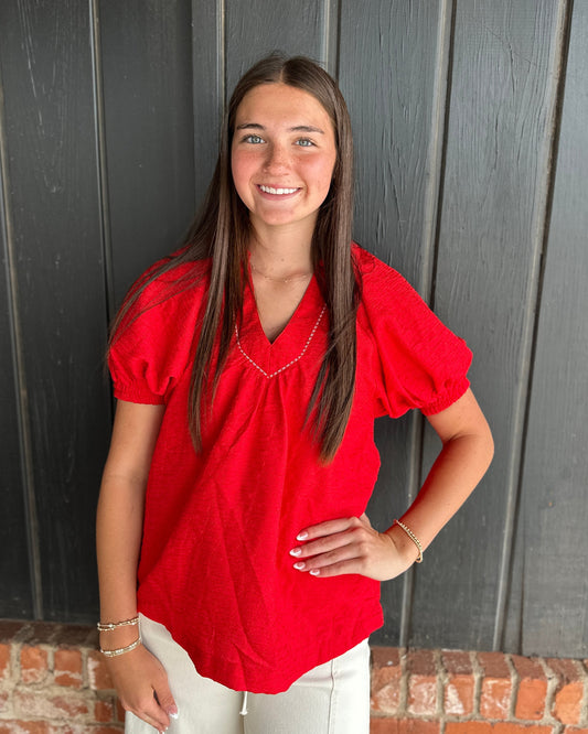 Red textured V neck Short sleeve top
