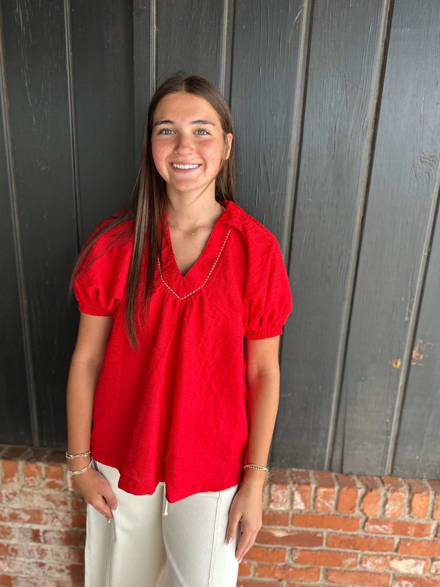 Red textured V neck Short sleeve top