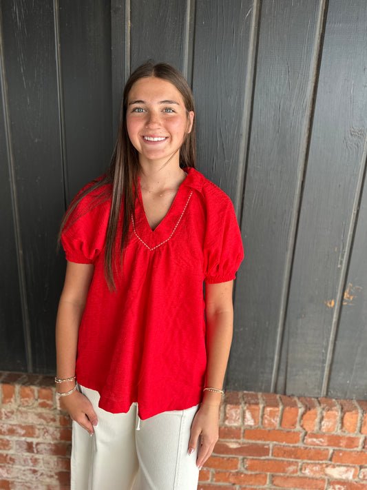 Red textured V neck Short sleeve top
