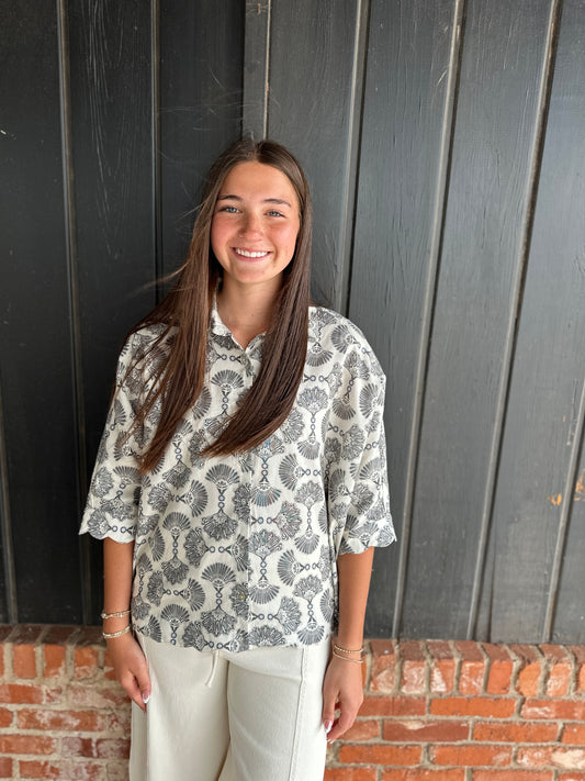 Black Printed Button down top