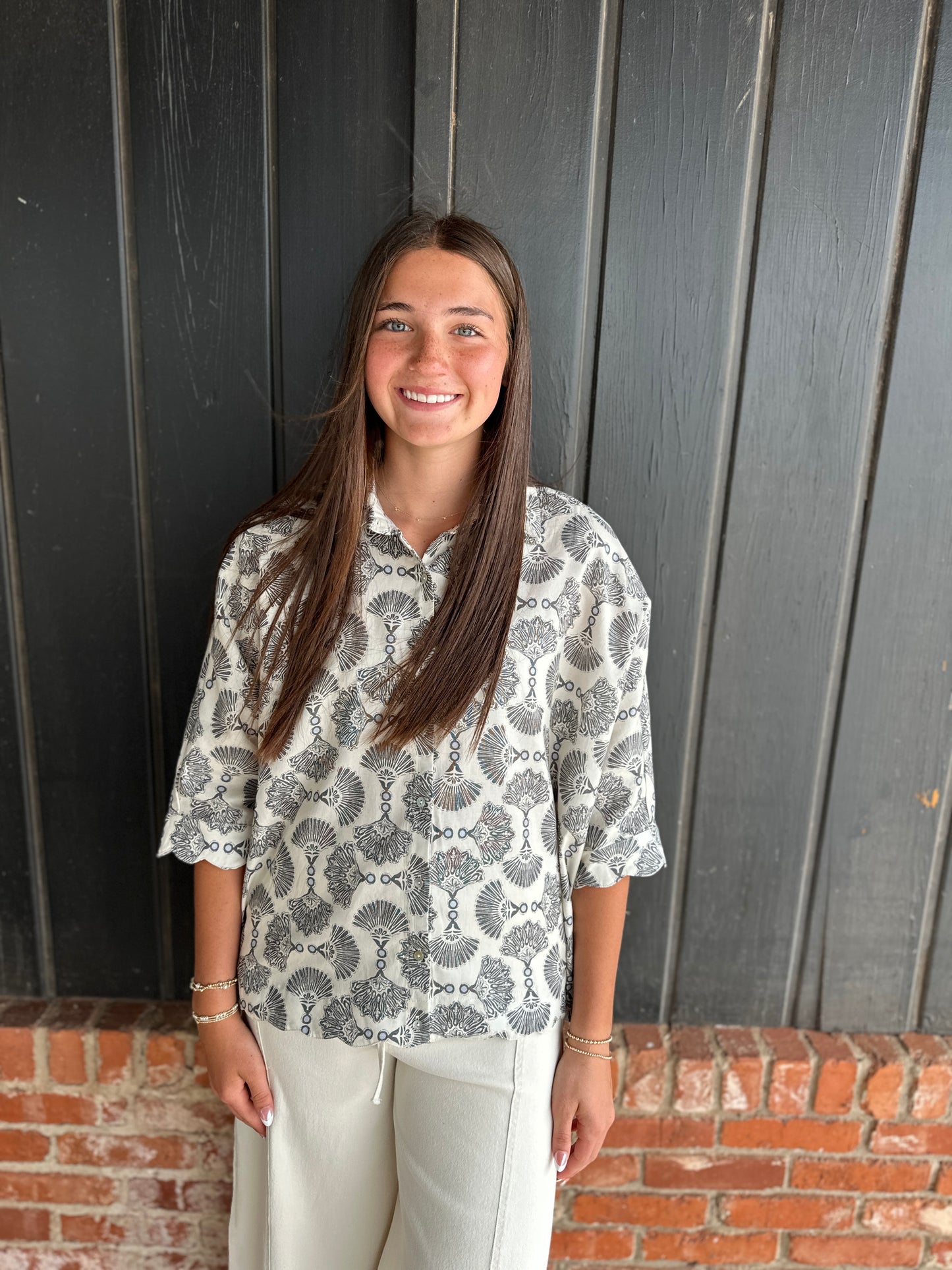Black Printed Button down top