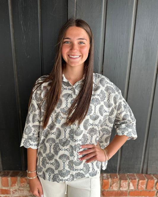 Black Printed Button down top