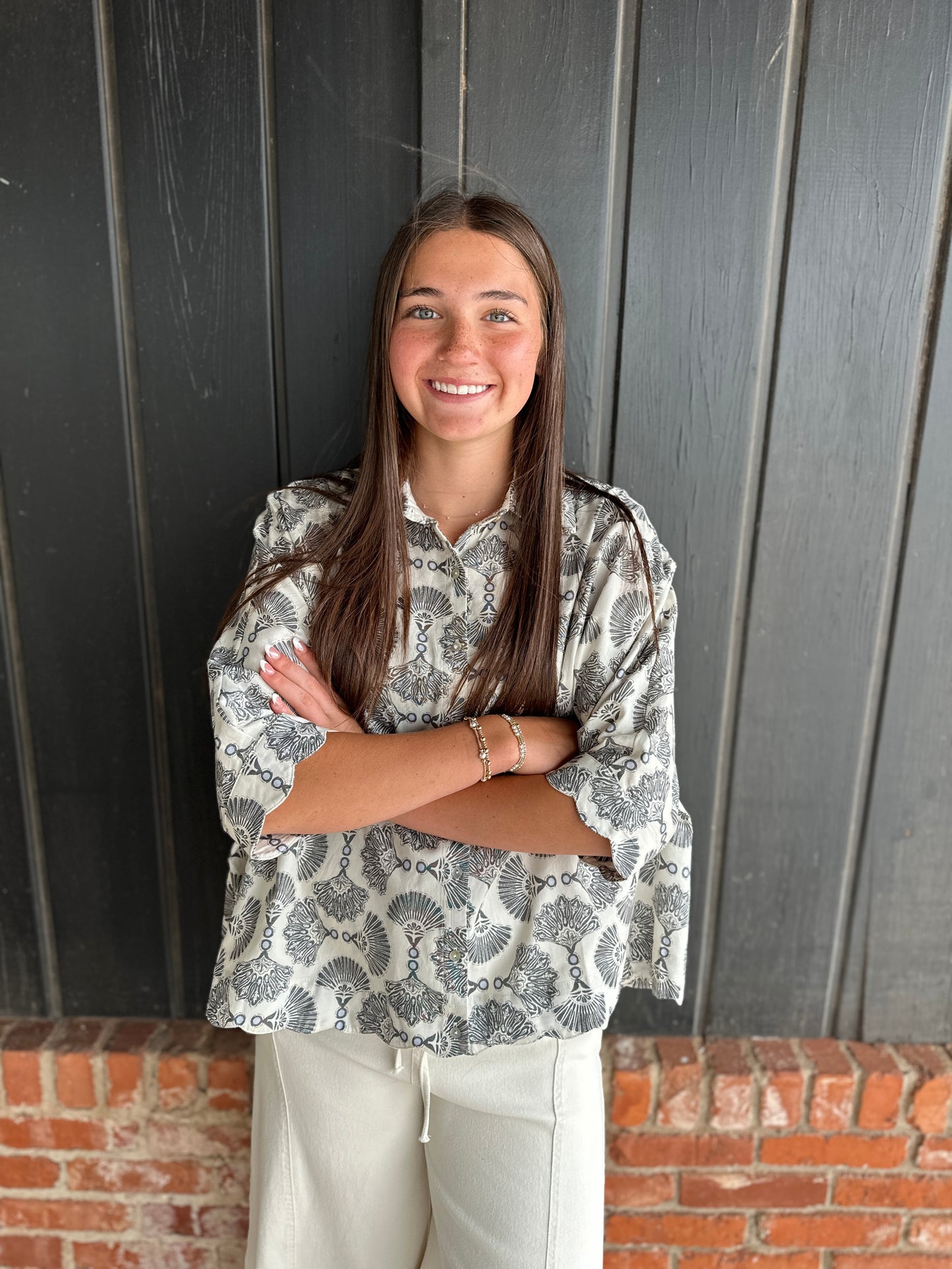Black Printed Button down top