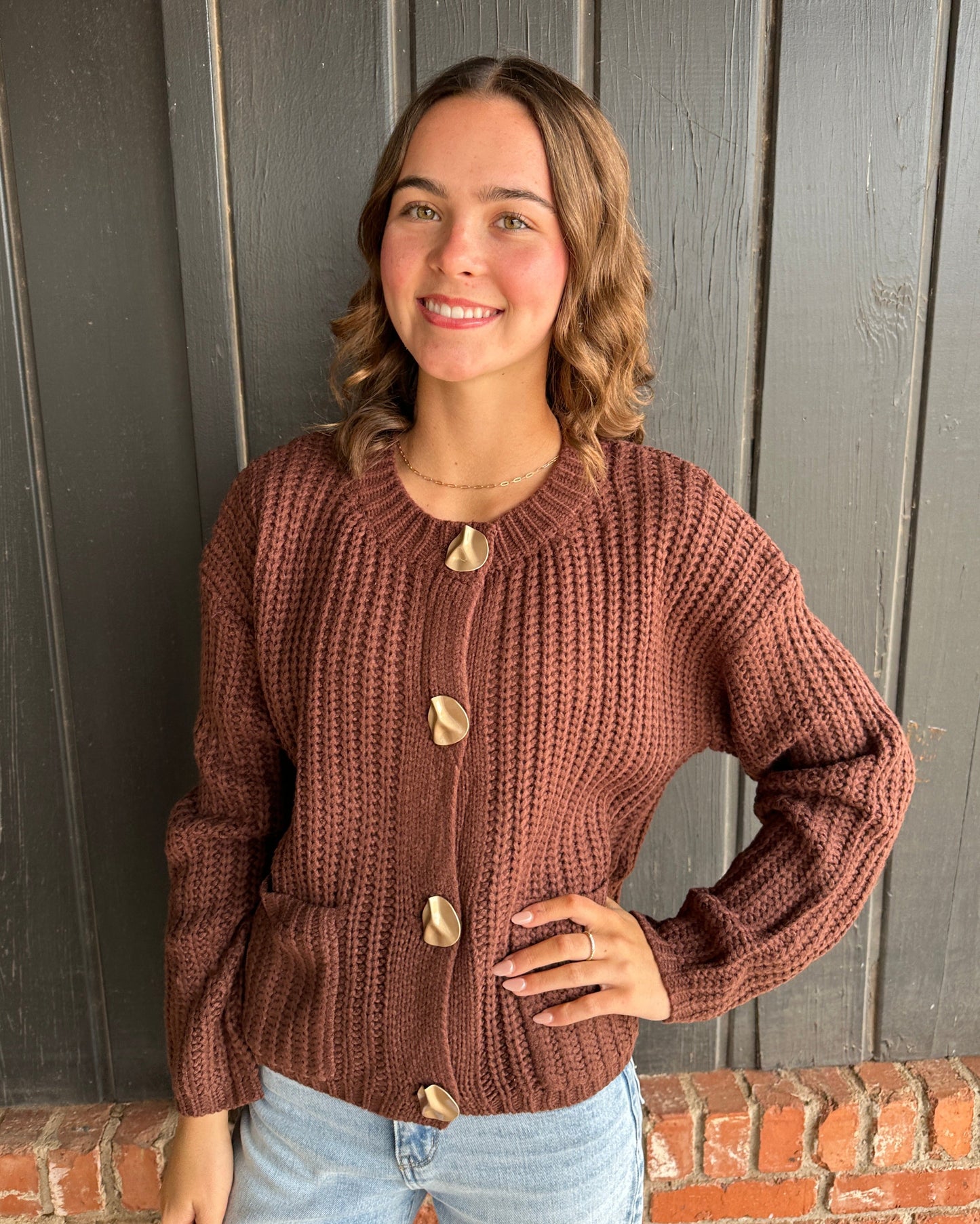 Brown Solid Sweater Cardigan With Front Pocket