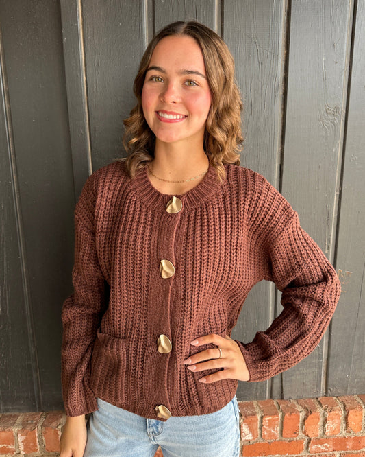 Brown Solid Sweater Cardigan With Front Pocket