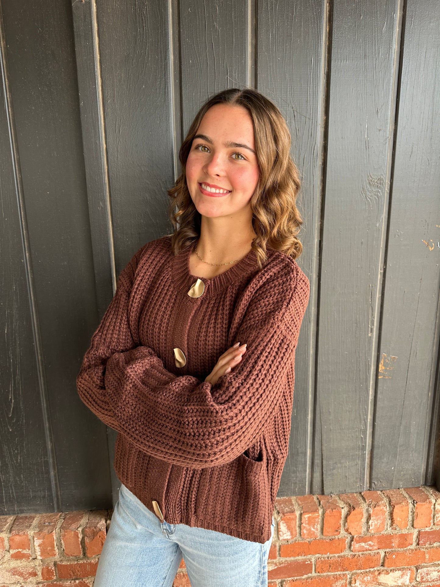Brown Solid Sweater Cardigan With Front Pocket